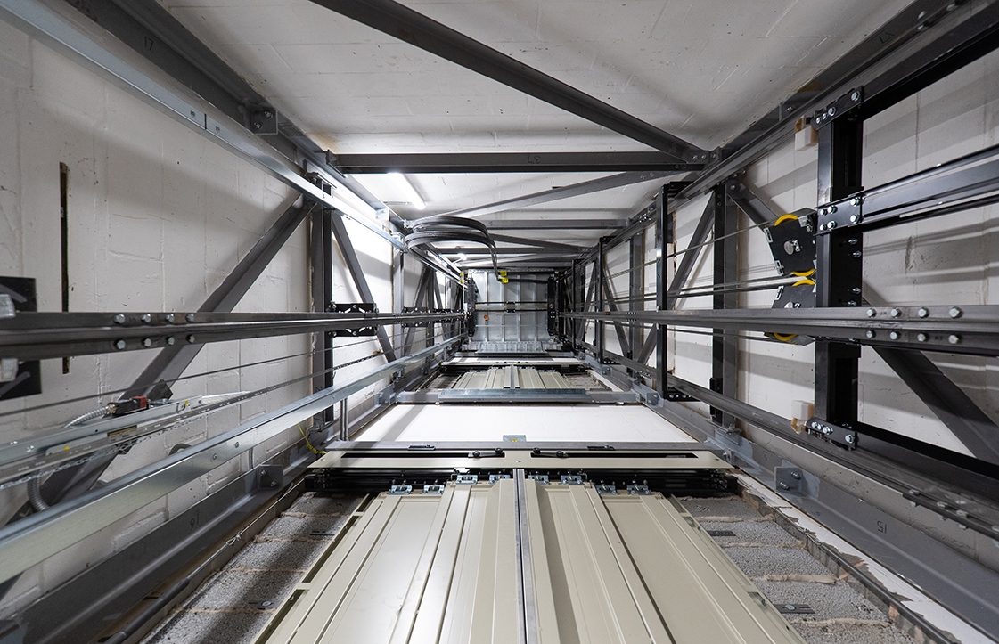 Lift shaft and guide rails on a Clyde Valley Lifts site